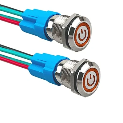 Bild av Aiqeer 2 stycken 12 mm låsande tryckbrytare, V/24 V 3 A automatisk tändning startbrytare, IP66 vattentät tryckbrytare i rostfritt stål, med förkopplat uttag (gul LED)
