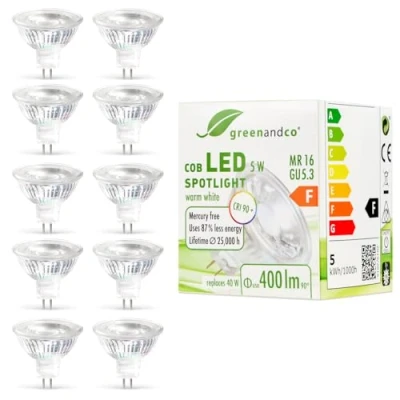 Bild av 10x greenandco® CRI 90+ 3000K 38 LED spot ersätter 40W GU5.3 MR16 halogenstrålkastare, 5W 400lm varmvit 12V AC/DC, inte dimbar