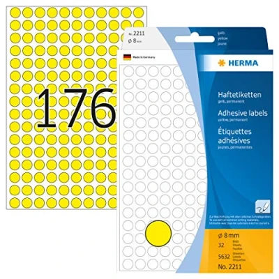 Bild av HERMA 2211 multifunktionsetiketter/runda färgade prickar (Ø 8 mm, 32 ark, papper, matt) självhäftande, permanenta märkningspunkter för handskriven märkning, 5 632 klistermärken, gul