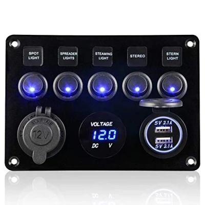 Bild av CT CARID 12 V/24 V vippströmbrytarpanel, dubbel USB laddningsport 4,2 A, tändaruttag, digital voltmeter skärm, IP65 vattentät, vippströmbrytare för båt, bil, husbil, fordon, blå