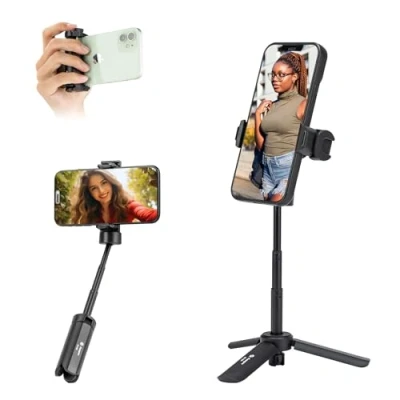 Bild av Fotopro telefonstativ, 360 rotation, utdragbart bordsstativ, resevlog stativ med kallt skofäste, selfiepinne för iPhone kamera, webbkamera