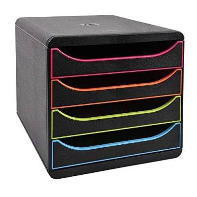 Bild av Exacompta Ref. 310914D BIG BOX 4 lådspiedestal för A4+ dokument Yttermått: Djup 34,70 x Bredd 27,80 Höjd 26,70cm Svart/Harlekin/Svart Lådstorlek 4X55mm