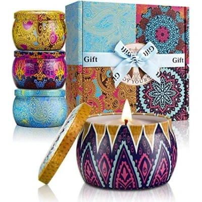 Bild av YMing doftljus, gåvor för kvinnor, 160 ml stora aromaterapiljus, presentset, äkta sojavax, bärbart reseplåtljus, 4 pack metall, födelsedagspresenter till henne, mors dag