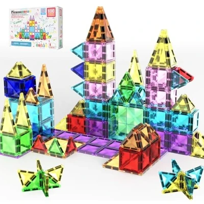 Bild av PicassoTiles 100 st magnetiska brickor mini diamant set resestorlek STEM pedagogisk byggsats för småbarn förskola pojkar flickor ålder 3 plus Montessori inomhus lärande leksak kreativ utveckling