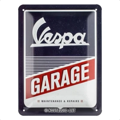 Bild av Nostalgic Art Plåtskylt i retrostil, Vespa Garage Presentidé för skoterfans, av metall, Deko vintagedesign, 15 x 20 cm