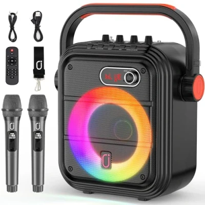 Bild av JYX 66PRO karaokemaskin med 2 trådlösa mikrofoner, PA system höjd/bas, bärbar Bluetooth högtalare RGB ljus stöder live överföring/övervakning, lämplig för vuxna/barn
