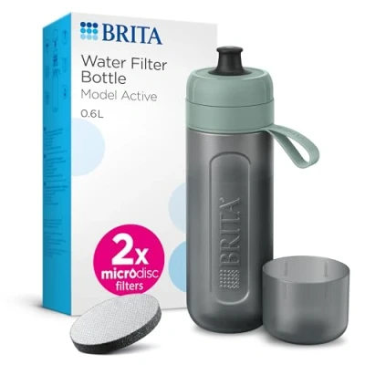 Bild av BRITA Sport vattenfilter flaska modell aktiv mörkgrön (600 ml) inkl. 2 MicroDisc filter tryckbar BPA fri för resor, drickflaska filtrerar när du dricker/diskmaskinssäker