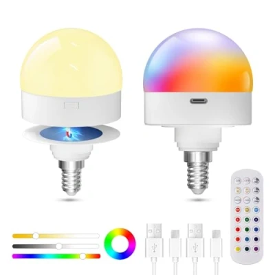 Bild av TobeBright E14 Laddbar LED lampa, RGB 3 Färgtemperaturer Dimbar Batteridriven med Fjärrkontroll, USB C för Icke Fastmonterade Lampor (2 pack)