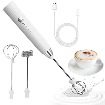 Bild av EBUYFIRE Handhållen mjölkskummare med 2 huvuden, USB laddningsbar elektrisk 3 hastigheter, skummare visp för kaffe, ägg, cappuccino, grädde, varm choklad (vit)