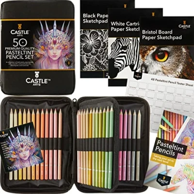 Bild av Castle Art Supplies 48 pastelnyansfärgade pennor set med extra kvalitetsfärger I mjukare, överdådiga toner För professionella och vuxna konstnärer snyggt, starkt, blixtlås resväska