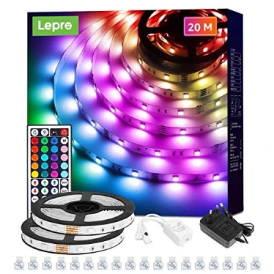 Bild av Lepro LED remsa 20 m (2 x 10 m) RGB set, 5050 SMD 600 lysdioder remsor, 12 V, band självhäftande, flexibelt ljusband, ljuskedja IP20, list kedja dimbar, strömförsörjning och styrenhet ingår