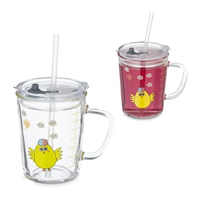Bild av Relaxdays Barnglas set med 2, kycklingmotiv, dricksglas för barn, handtag, lock och sugrör, 400 ml skala, transparent, glas