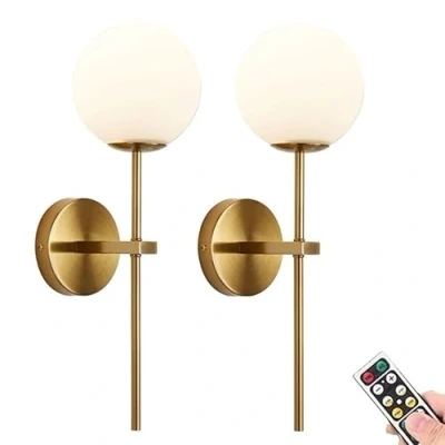 Bild av KEFA Guldiga batteridrivna vägglampetter, set med 2, modern glob, glasskärm, inte trådbunden, mässing, armatur, belysning, dimbara vägglampor, ingen tråd, för sovrum, vardagsrum, lounge, bad