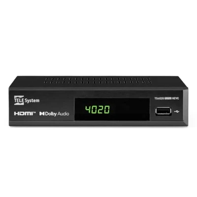 Bild av Tele System Decoder TS4020 med dubbla DVB T/T2 och S/S2 HEVC HD HDR10 HLG tuners. Få tillgång till fri TV, marksänd satellit TV radio. USB mediaspelare för musik, foton videor på TV.