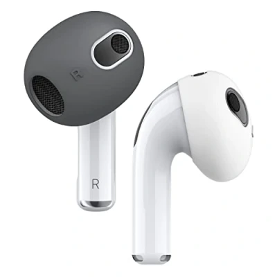 Bild av elago 2 par AirPods 3 öronspetsskydd designat för 3:e generationen (2021), [passar i fodrale] halkfritt silikonskydd, repskydd, installationsguide (1 vardera) (mörkgrå och vit)