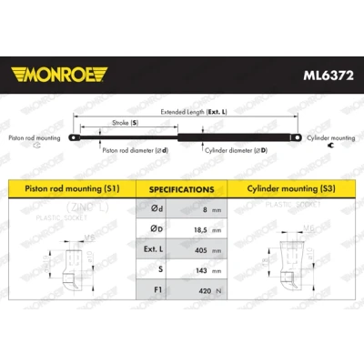 Bild av MONROE ML6372 Vérin de coffre 420 405 FIAT: Panda III 3/5 portes