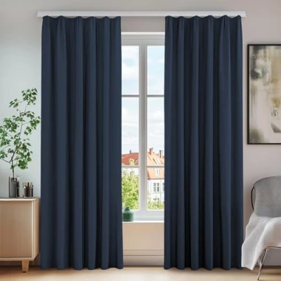 Bild av Deconovo Gardin ogenomskinlig gardinbrusskydd med curlingtejp, 245x140 cm (höjd x bredd), mörkblå, uppsättning 2