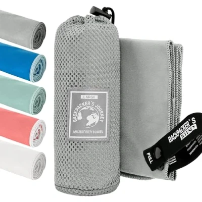 Bild av Backpacker&#039;s Journey Mikrofiberhanddukar i S M L XL Uppsättning lätta resehanddukar, snabbtorkande, absorberande och antibakteriella (grå M)