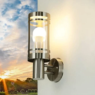 Bild av utomhuslampa rostfritt stål, vägglampa utomhus E27, B:11 cm, IP44, väderbeständig, trädgård, terrass, balkong, lampa för innergård utomhus, uplight, vägg