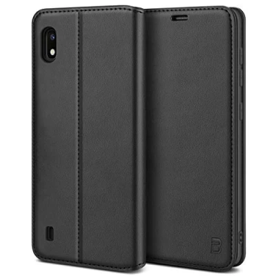 Bild av BEZ Samsung A10 fodral, Galaxy telefonfodral kompatibelt med A10, skyddande plånboksfodral i PU läder en korthållare, sparstativ, magnetisk stängning, svart