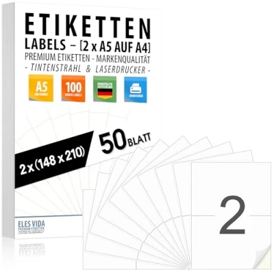 Bild av 50 ark självhäftande DIN A5 etiketter (100 etiketter) 2 per A4 210 x 148 mm, utskrivbara, matt vit, kompatibla med bläckstråle och laserprintrar, för många användningsområden MADE IN GERMANY