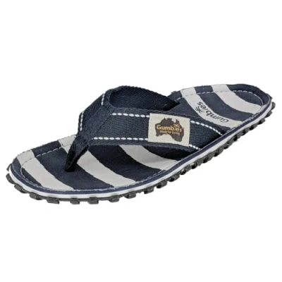 Bild av Gumbies Originals blå Flip Flops av återvunna material robust sula återvunnet bilddäck, mjuk fotbädd canvasbomull, bekväm tåstång i bomull, Deck Chair Stripe, 44 EU