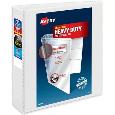Bild av Avery Heavy Duty View 3 ringspärmar, 3,8 cm (2 tum), one touch, lutande ringar, 530 arkkapacitet, DuraHinge, 7,1 (2,8 tum) bred rygg, anpassningsbart klart skydd och 1 vit pärm med (79792)