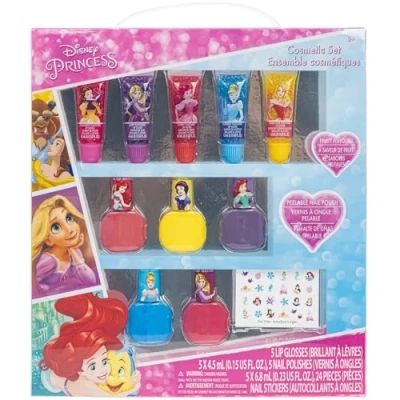 Bild av Disney Princess Townley Girl Super glittrande kosmetisk sminkset för tjejer med läppglans nagellack nagelklistermärken 11 stycken perfekta fester Sleepovers Makeovers 3 år+