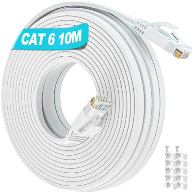 Bild av Cat 6 Ethernet kabel 10m, Internetkabel 10 Meter hög hastighet ultratunn LAN vit lång smal RJ45 Gigabit nätverkskabel platt patchkabel kompatibel med Cat5/Cat5e för modem, router