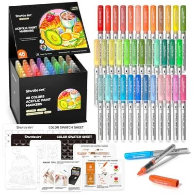 Bild av Shuttle Art Automatisk bläckkontroll akrylfärgpennor, 48 färger penselspets färg markörpennor, färgpenna för rock målning keramik, trä, tyg, glas, sten, konstmarkörpenna set gör det själv och