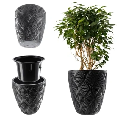 Bild av KADAX Blomkruka med insats och handtag planteringslåda av plast i 5 storlekar UV resistent väderbeständig hög 3D effekt antracit låg