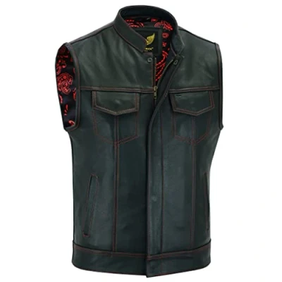 Bild av Leatherick Groove Club svart läderväst för män traditionell paisley satin foder, Rödsydd, 52