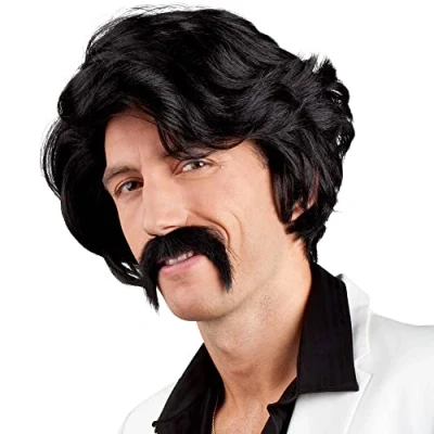 Bild av Boland 86346 Vuxen peruk Chuck med mustasch, 70 talet, gangster, popstjärna, Italo Style, St Pauli, Kiez, Reeperbahn, karneval, halloween, temafest, klädsel, teater
