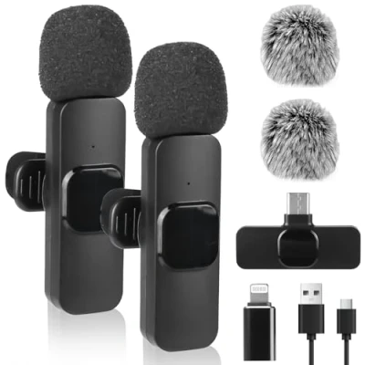 Bild av GOMETY 3 i 1 trådlös lavalier mikrofon, typ C professionell brusreducering mini dubbel mikrofon med USB och iPhone adapter för Android mobiltelefon bärbar dator live streaming