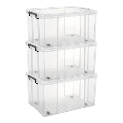 Bild av Cetomo 70 L x 3 förvaringslådor, stapelbar förvaringslåda med lock, kraftig behållare lock hjul, förstärkta hörn, vertikala sidor och klämstängning, hållbar, plast, klar, pack