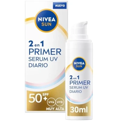 Bild av Nivea Sun Primer Daglig UV serum 2 i 1, SPF 50+ solskyddsserum, solskyddsmedel som skyddar och mjukar upp huden med hyaluronsyra lykokalkon A, 1 x 30 ml