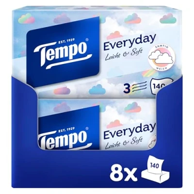 Bild av Tempo XXL Light Box näsdukar Megapack 8 lådor, 140 dukar per låda mjuka pappersnäsdukar, tål maskintvätt