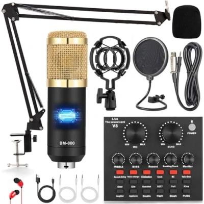 Bild av ALPOWL Podcast utrustningspaket, ljudgränssnitt med allt i ett live ljudkort och kondensatormikrofon, perfekt för inspelning, sändning, direktsändning