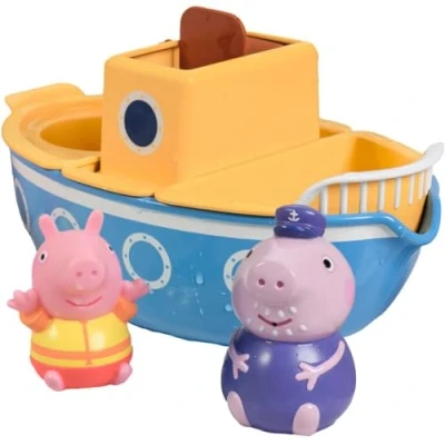 Bild av TOMY E73414 Toomies Grandpa Pig&#039;s Splash &amp; Pour Boat 4 st badtid Peppa avtagbara vattensprinklers och snurrande paddel hjulhus barn, 18 månader eller senare, flerfärgad