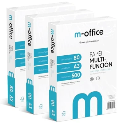 Bild av A3 arkpaket 80 g, 3 pack 500 ark, multifunktionspapper för bläckstråleskrivare och laser, A4 ark 297 x 420 mm perfekt kontor hem · m office (1 ark)