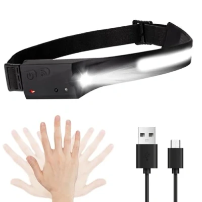 Bild av LQWELL® Pannlampa LED uppladdningsbar, COB bred stråle och spotlight typ C USB laddningspannlampa, 5 lägen vattentät strålkastare med rörelsesensor för nattlöpning, fiske, cykling, camping, reparation