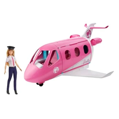 Bild av Barbie Dreamplane Förvandlingsbart lekset med docka, säten som går att luta bakåt och fungerande handbagagehyllor, dessutom mer än 15 delar, en hundvalp snackvagn, för barn från 3 år, GJB33