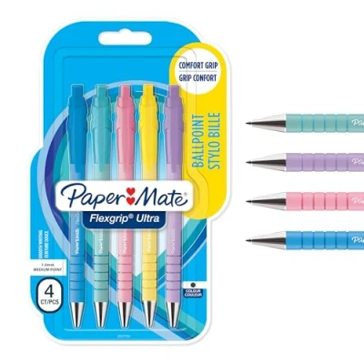 Bild av Paper Mate Flexgrip Ultra Pastell Kulspetspennor Mediumspets (1.0mm) Svart bläck Pennkropp i pastellfärger 5 stycken