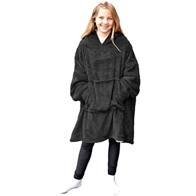 Bild av Homelevel Barnsherpa huvtröja, tröja med huva för pojkar och flickor gosig oversized 100 % polyester, svart, Einheitsgröße