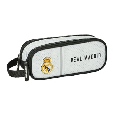 Bild av Safta Real Madrid 1:a UTRUSTNING 24/25 Dubbelt pennfodral för barn, barnfodral, lämplig skolbarn, bekväm och mångsidig, kvalitet styrka, 21 x 6 8 cm, vit/grå färg, Vit/grå, Estándar,