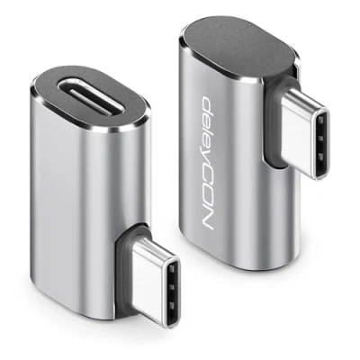 Bild av deleyCON USB C Adapter Vinkel 90 Grader (2 St) 40Gbps, 240W, 8K60Hz, Aluminiumhölje, Typ Kontakt till Uttag Kompatibel med Smartphone Surfplatta Bärbar Dator PC Switch och Mycket Mer.