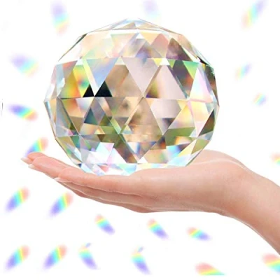 Bild av Klar kristallboll i glas, prisma solfångare, regnbågstillverkare, sfär fasetterad skula för fönster, Feng Shui, hemmakontor, trädgårdsdekoration (100 mm/3,94 tum)