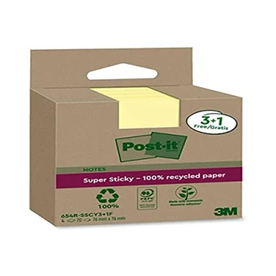 Bild av Post it Superklibbiga 100% återvunna anteckningar, paket med 3 + 1 gratis dynor, 70 ark per dyna, 76 mm x mm, kanariegul extra klisterlappar tillverkade av återvunnet papper