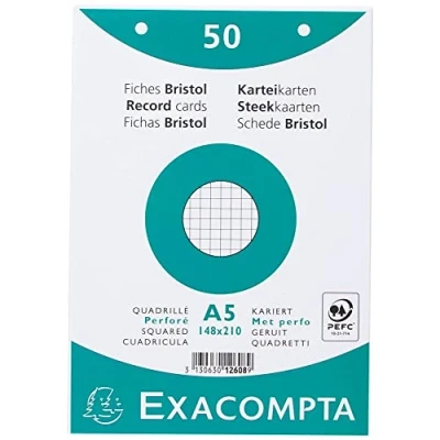Bild av Exacompta Ref 12608E Förpackning med 50 perforerade 5x5 kvadratiska indexkort filmförpackade kompatibla bläckstråleskrivare, laser och kopiatorer format 148 x 210 mm färg vit