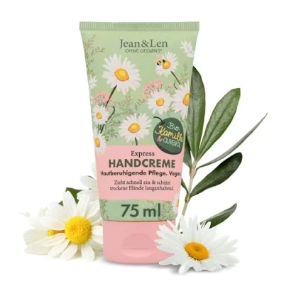 Bild av Jean &amp; Len Handkräm kamomill olivolja, vegansk vårdformel med ekologisk kamomillblommor extrakt och hudlugnande, absorberar snabbt, handvård, utan parabener silikoner, 75 ml